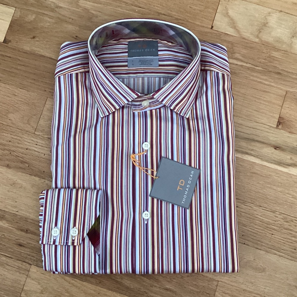 Thomas Dean Men's Stripe Dress Shirt in Red, Blue & White. Large